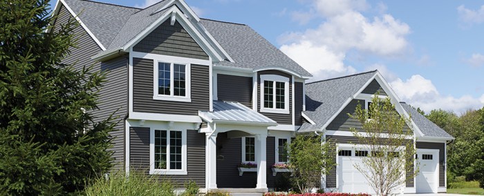 Rugged canyon siding by Mastic, white trim, dark wood door. Our roof is ...